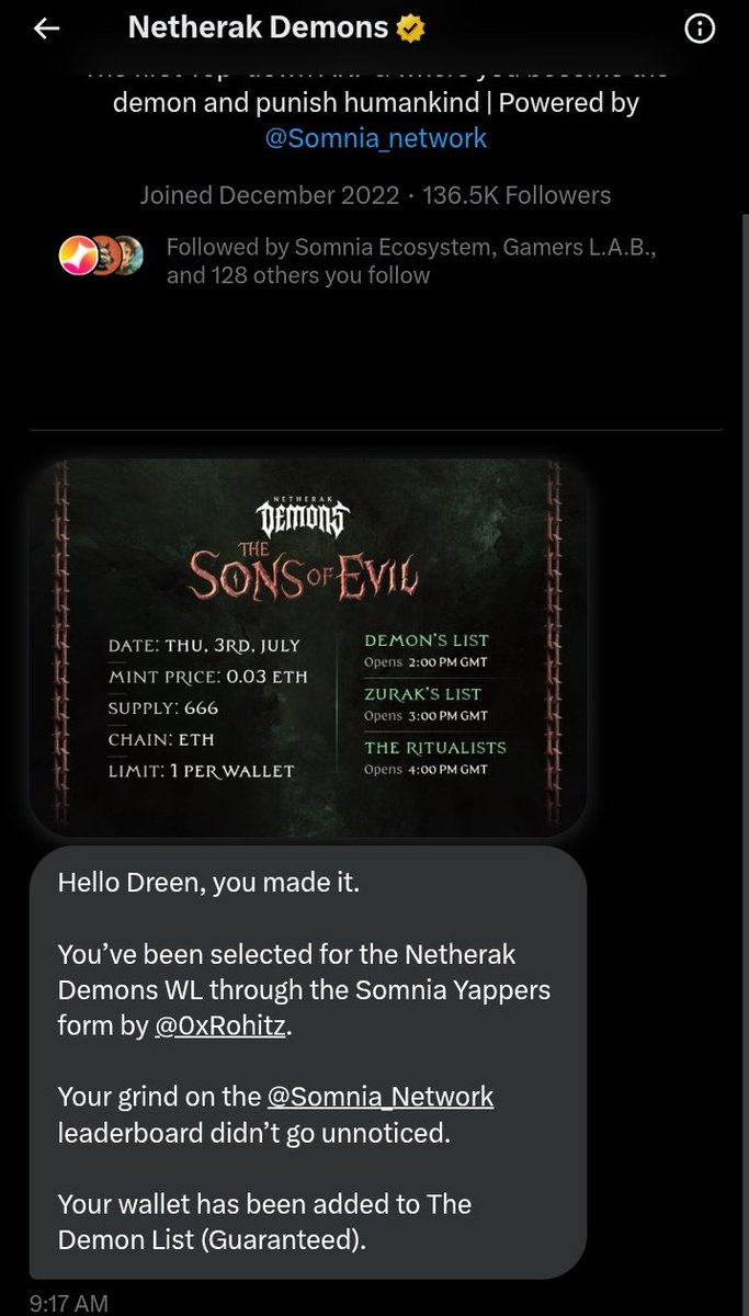 ๐ณ๐๐๐๐๐ด (@fadedreen) on Twitter photo Just received a message from <a href="/nkdemons/">Netherak Demons</a> after filling WL form for the Sons of Evil mint!
An RPG game on Somnia
Did you fill when It was dropped?
I got the GTD WL spot for the mint!
Collection: The Sons of Evil
โข Mint Date: July 3rd, 2PM UTC (Today)
โข Price: 0.03 ETH
โข Just received a message from <a href="/nkdemons/">Netherak Demons</a> after filling WL form for the Sons of Evil mint!
An RPG game on Somnia
Did you fill when It was dropped?
I got the GTD WL spot for the mint!
Collection: The Sons of Evil
โข Mint Date: July 3rd, 2PM UTC (Today)
โข Price: 0.03 ETH
โข