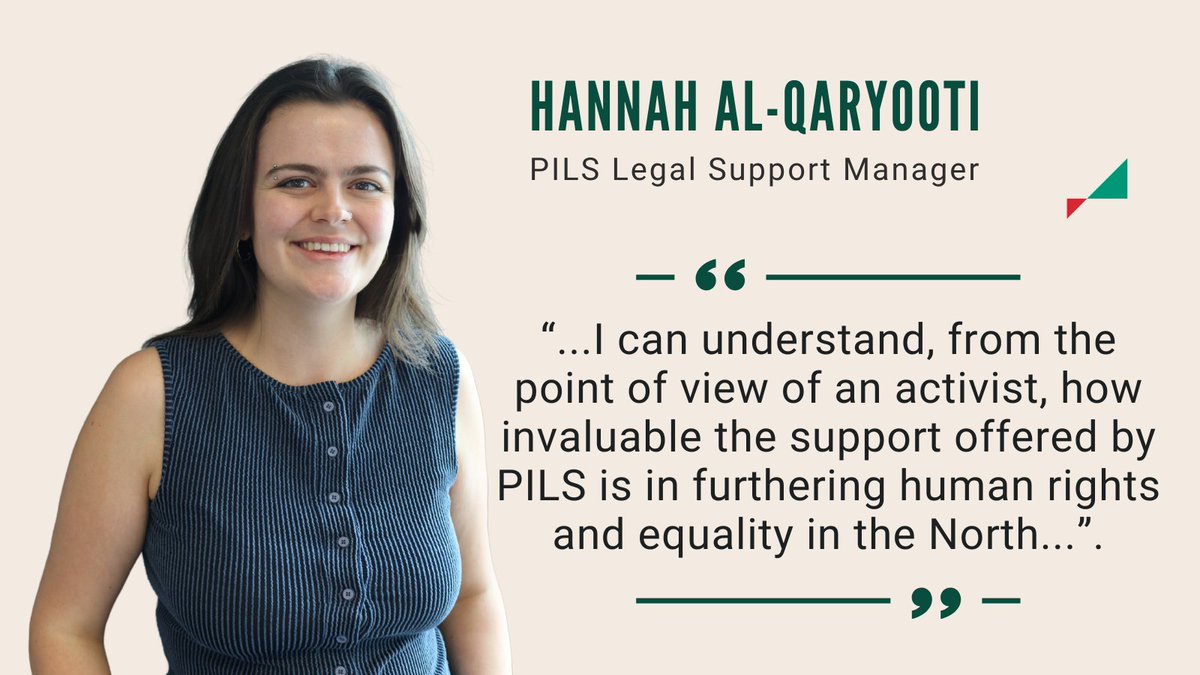 PILSni's tweet image. The PILS staff & board are delighted to welcome Hannah Al-Qaryooti to the team as our new Legal Support Manager.
An activist & advisor, Hannah has already been representing PILS at a variety of events. Be sure to say hello to her, in person or online!
🆕pilsni.org/news/introduci…