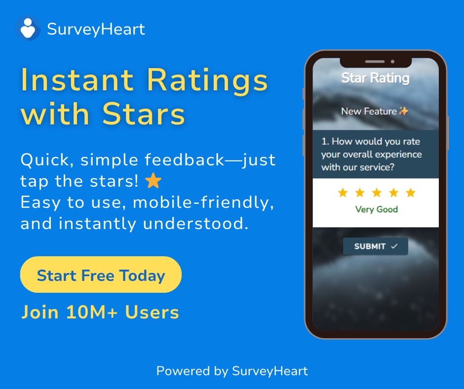 surveyheartapp's tweet image. Collect ratings with clarity.
Use Star Rating questions to know what people really feel — instantly.
#surveyheart #FormBuilder #formsapp #onlineforms #onlinequizzes #onilneformcreationtool #features #ProductFeatures #InsideSurveyHeart
#FeatureHighlight