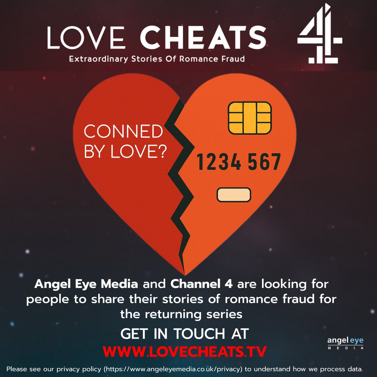 Have you been conned by someone you loved?
  
We are looking for people to share their stories of romance fraud for the returning series of Channel 4's 'Love Cheats'.

If this sounds like you or someone you know, please get in touch.

#LoveCheats #romancefraud #scammer