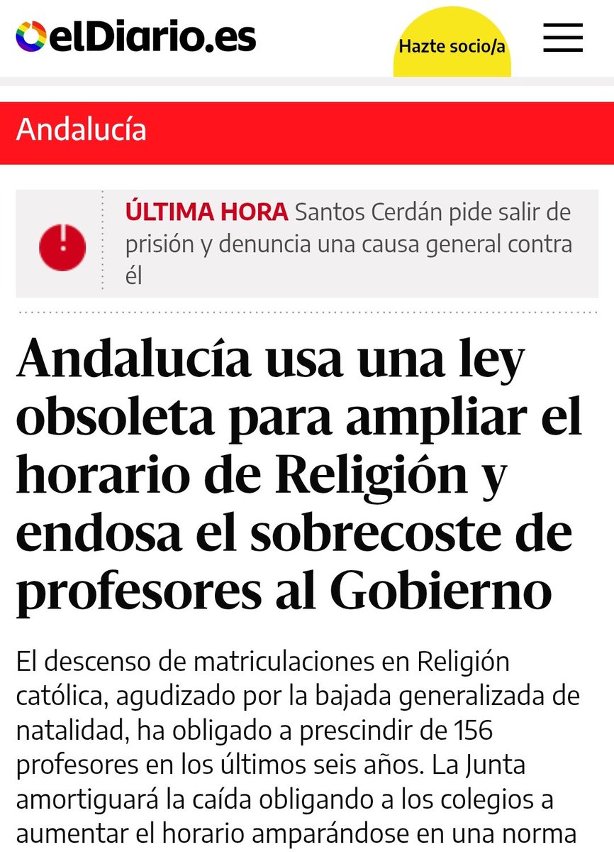 Ante la bajada de matriculaciones en Religión, la Junta ha aumentado media hora más la "materia" para tener contenta a la Conferencia Episcopal y que los profesores de religión (elegidos por el obispado) no pierdan horas, ni tengan que hacer muchos desplazamientos.
#EscuelaLAICA