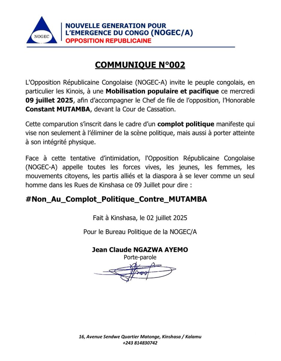 𝐉𝐄𝐀𝐍𝐍𝐎𝐓 𝐌𝐔𝐁𝐄𝐍𝐆𝐀 (@mubengajeannot) on Twitter photo Nous allons réclamer l'innocence de l'hon <a href="/ConstantMutamba/">Constant Mutamba</a> et dénoncer le complot politique contre sa personne ce 09 juillet devant la Cour de Cassation.
Dixit : <a href="/NgazwaJean/">NGAZWA JEAN CLAUDE</a> Nous allons réclamer l'innocence de l'hon <a href="/ConstantMutamba/">Constant Mutamba</a> et dénoncer le complot politique contre sa personne ce 09 juillet devant la Cour de Cassation.
Dixit : <a href="/NgazwaJean/">NGAZWA JEAN CLAUDE</a>