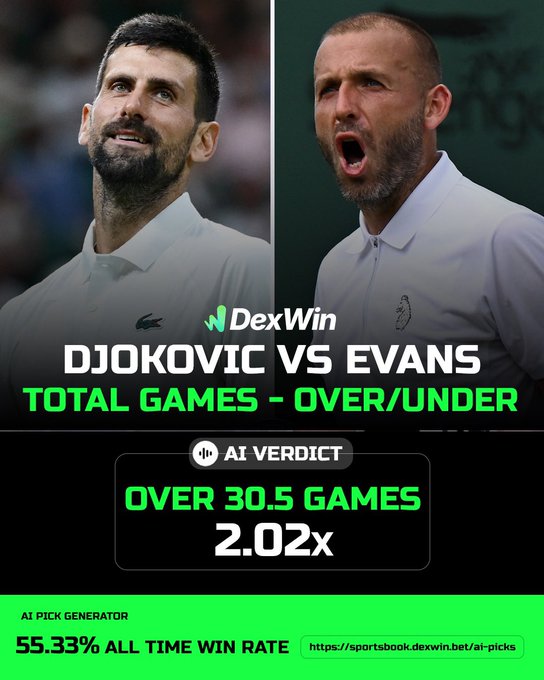 Wimbledon 🏴󠁧󠁢󠁥󠁮󠁧󠁿 Tennis Betting Predictions, Tennis Betting Lines & Wimbledon 2025 Tennis Betting Odds Today 🎾 

Novak Djokovic vs Dan Evans Odds - Over 30.5 Total Games @ 2.02 ✅ 

Follow @DexWin_Sports for the best Tennis betting odds, Tennis betting picks and Tennis predictions today 🎾