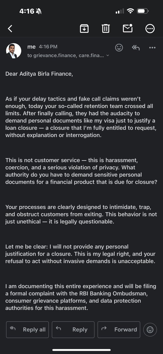NikhilNan's tweet photo. @abcapital After 10+ days of delay, @AdityaBirlaFin’s retention team finally calls — only to demand my visa to process loan closure. This is harassment &amp; a gross privacy violation. I’ll be escalating to RBI &amp; consumer forums. #AdityaBirlaFinance #CustomerAbuse #DataPrivacyFail https://t.co/S8OHHlbXqg