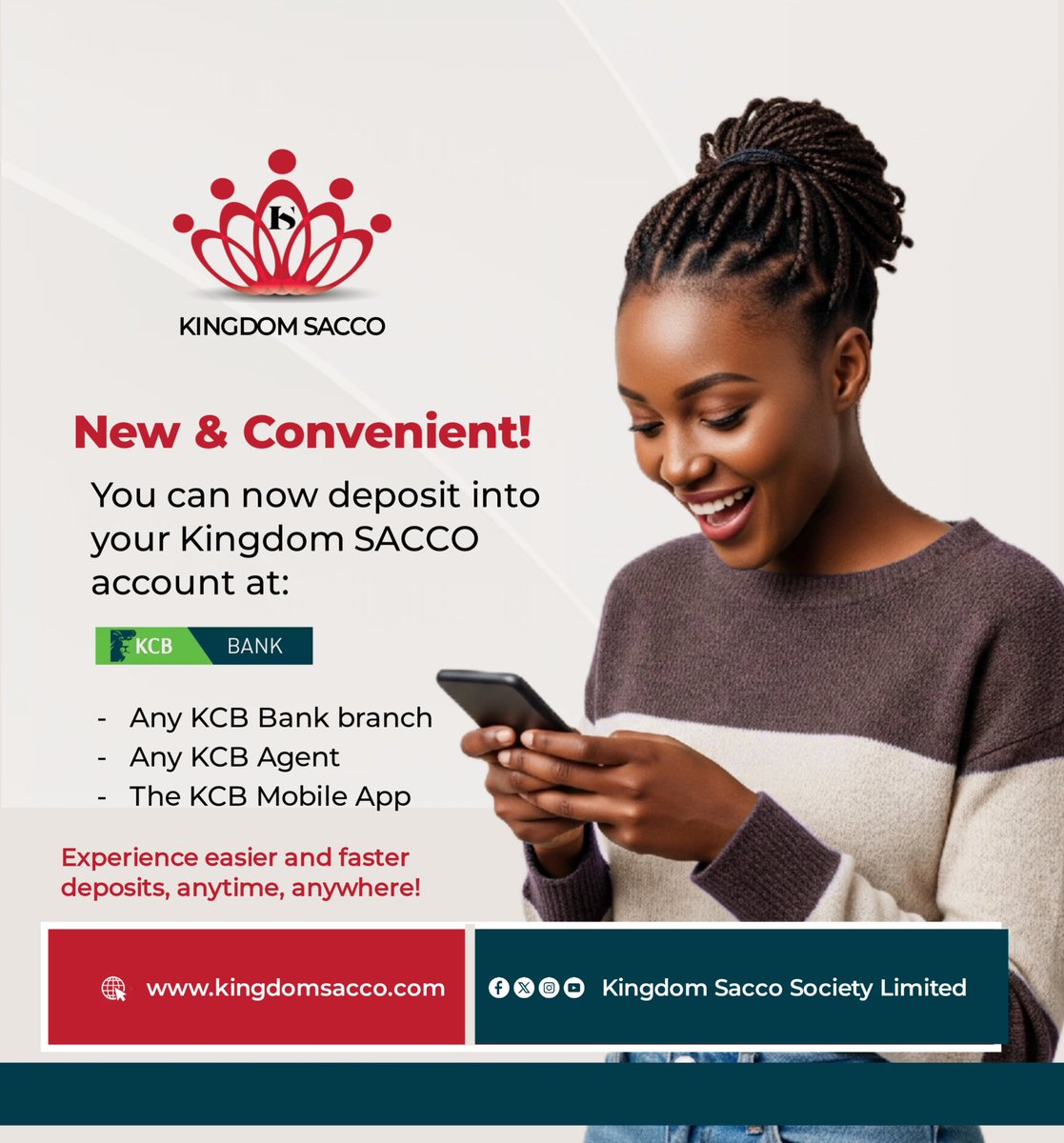 Good news! You can now deposit into your Kingdom SACCO account at any KCB Bank branch, KCB Agent, or through the KCB Mobile App.
Enjoy greater convenience today!

Visit our website for more info: kingdomsacco.com/deposits-made-…

#KingdomSacco #KingdomSacco #kcbbank #Loans #Sacco