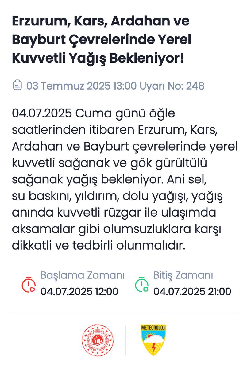 Meteoroloji (MGM) (@meteoroloji_twi) on Twitter photo 🔊Meteorolojik Uyarı
Erzurum, Kars, Ardahan ve Bayburt Çevrelerinde Yerel Kuvvetli Yağış Bekleniyor!
<a href="/AFADBaskanlik/">AFAD</a> <a href="/ErzurumValiligi/">T.C.Erzurum Valiliği</a> <a href="/KarsValiligi/">T.C. Kars Valiliği</a> <a href="/ArdahanValiligi/">Ardahan Valiliği</a> <a href="/BayburtValiligi/">T.C. Bayburt Valiliği</a> 🔊Meteorolojik Uyarı
Erzurum, Kars, Ardahan ve Bayburt Çevrelerinde Yerel Kuvvetli Yağış Bekleniyor!
<a href="/AFADBaskanlik/">AFAD</a> <a href="/ErzurumValiligi/">T.C.Erzurum Valiliği</a> <a href="/KarsValiligi/">T.C. Kars Valiliği</a> <a href="/ArdahanValiligi/">Ardahan Valiliği</a> <a href="/BayburtValiligi/">T.C. Bayburt Valiliği</a>