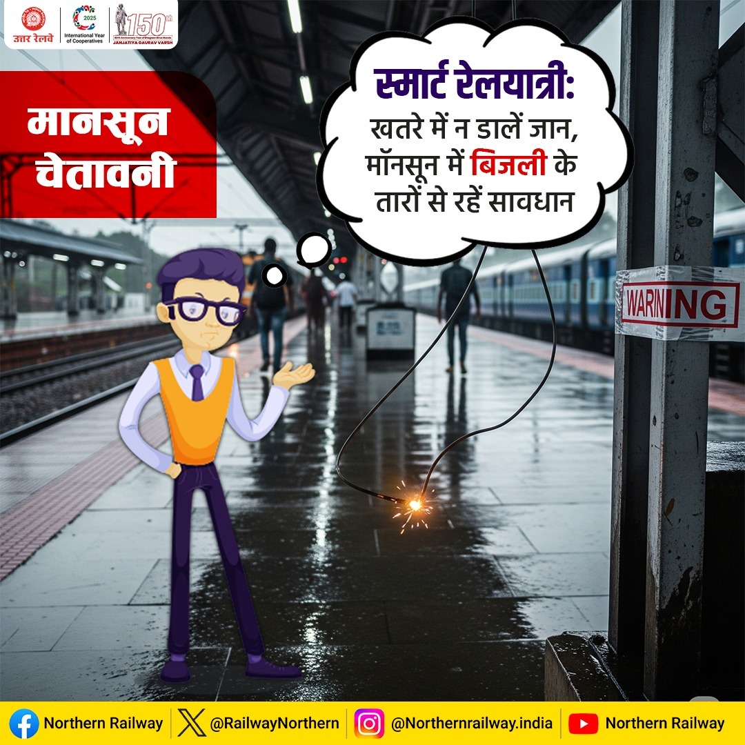 drm_dli's tweet image. बिजली के तार से दूरी में ही है सुरक्षा पूरी!

मानसून के मौसम में बिजली के तार से दूरी बनाकर रखें, स्मार्ट बनें सुरक्षित रहें।

#SmartRailYatri #MonsoonTips⚠
