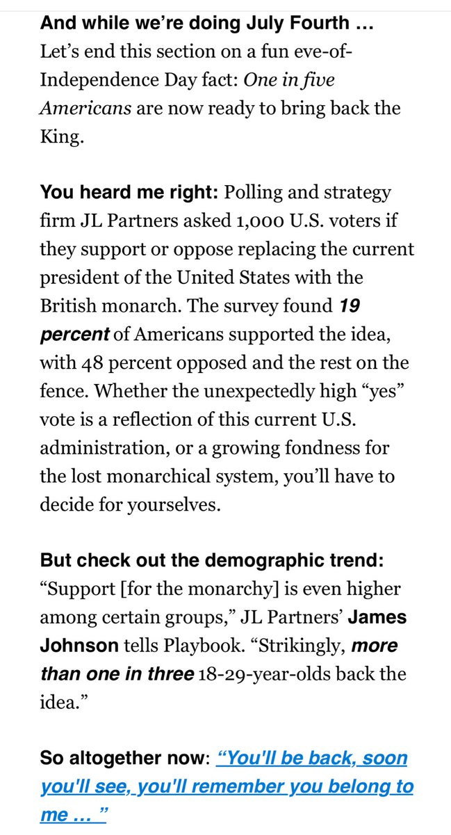 James Johnson (@jamesjohnson252) on Twitter photo A fun 🇺🇸 eve of independence day poll from <a href="/J_L_Partners/">J.L. Partners 🇺🇸</a> in today’s <a href="/politico/">POLITICO</a> Playbook
👑 One in five Americans want to replace the president with the King, with support as high as 36% amongst 18-29 year olds
More courtesy of <a href="/DashaBurns/">Dasha Burns</a> and <a href="/Jack_Blanchard_/">Jack Blanchard</a> ⬇️ A fun 🇺🇸 eve of independence day poll from <a href="/J_L_Partners/">J.L. Partners 🇺🇸</a> in today’s <a href="/politico/">POLITICO</a> Playbook
👑 One in five Americans want to replace the president with the King, with support as high as 36% amongst 18-29 year olds
More courtesy of <a href="/DashaBurns/">Dasha Burns</a> and <a href="/Jack_Blanchard_/">Jack Blanchard</a> ⬇️