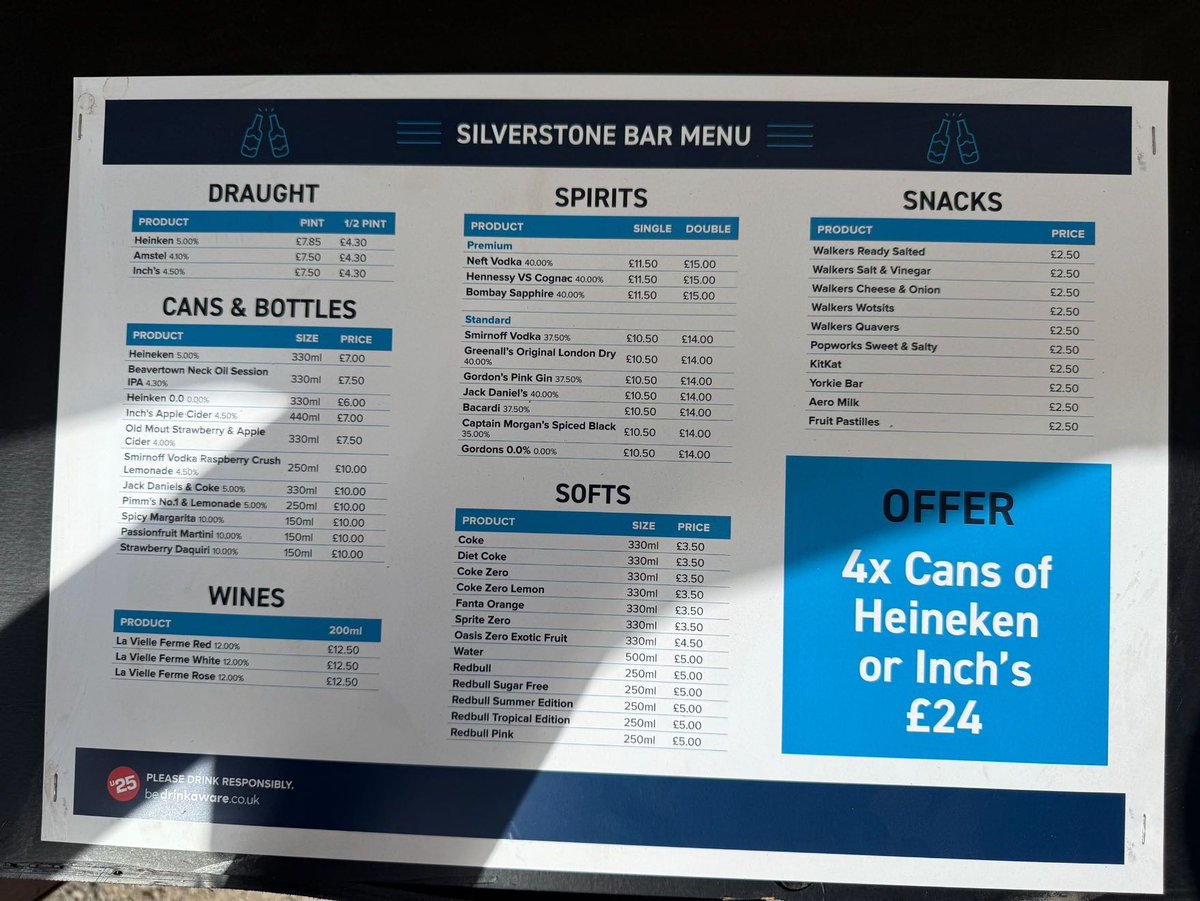 SaveOurConcessions (@saveconcessions) on Twitter photo '4 x Cans of Heineken or Inch's £24'
<a href="/SilverstoneUK/">Silverstone</a> banned taking your own alcohol in this year, and now we can see why: '4 x Cans of Heineken or Inch's £24'
<a href="/SilverstoneUK/">Silverstone</a> banned taking your own alcohol in this year, and now we can see why: