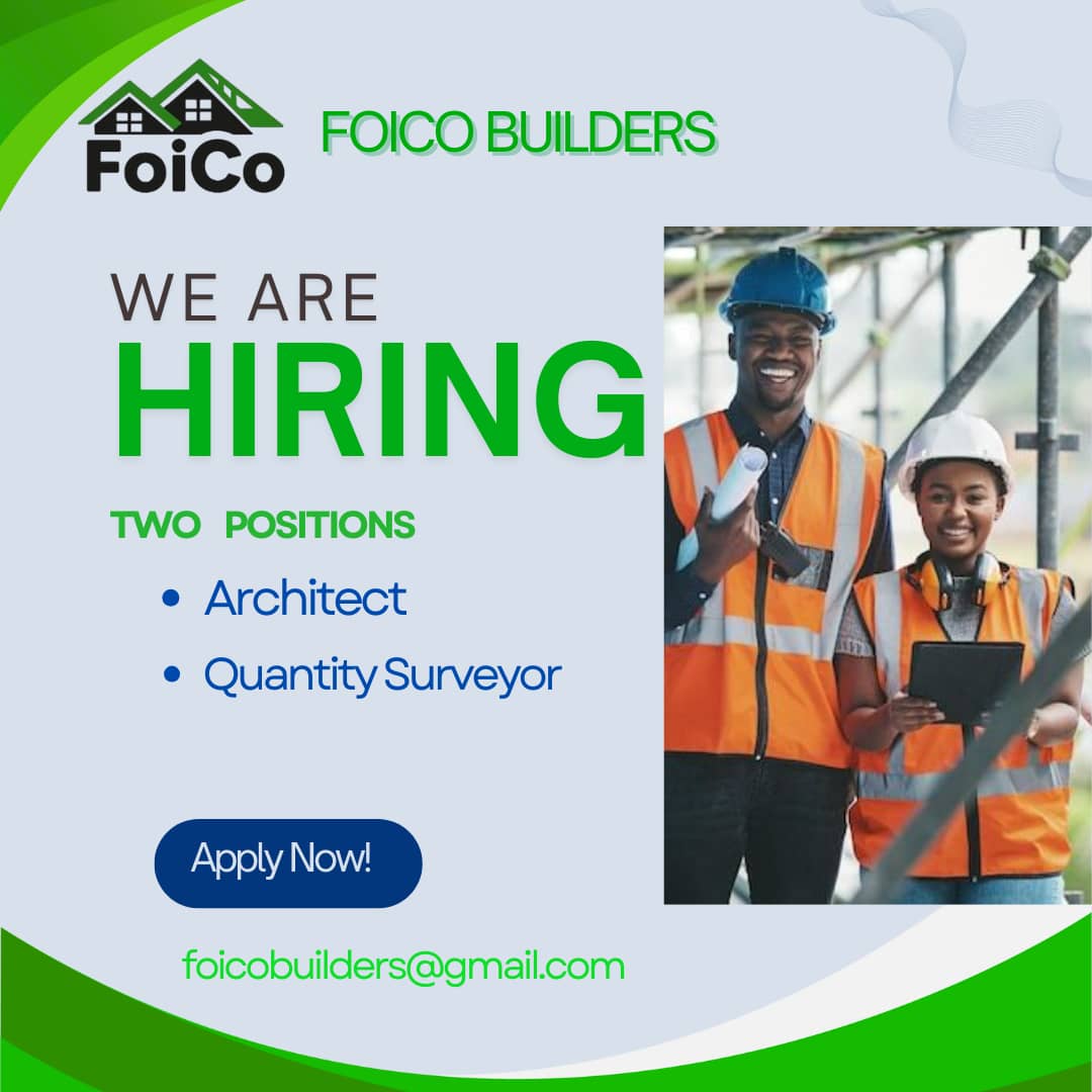 THE-JUST (@ndessyability) on Twitter photo Exciting news from #Foico Builders! We're expanding our team and have two fantastic opportunities available: Architect and Quantity Surveyor. If you're a talented professional looking for your next challenge, send your application to foicobuilders@gmail.com Exciting news from #Foico Builders! We're expanding our team and have two fantastic opportunities available: Architect and Quantity Surveyor. If you're a talented professional looking for your next challenge, send your application to foicobuilders@gmail.com
