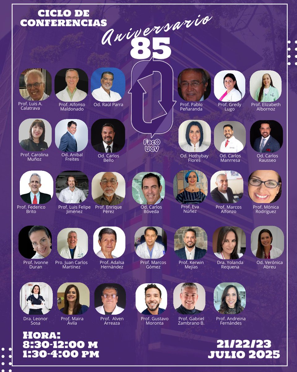 En el marco de nuestro 85 Aniversario tenemos un ciclo de Conferencias, del 21 al 23 de julio. Te esperamos!

#UCV #Odontología #Venezuela #85Años