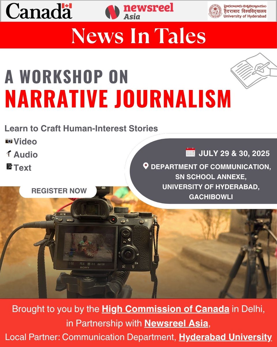 📢 Journalists in #Hyderabad - Join us for a workshop on narrative journalism &amp; human-interest storytelling🖋️

🗓️ July 29 &amp; 30 
📍 Dept. of Communication, SN School Annexe, Univ. of Hyderabad, Gachibowli

Seats are limited, please register by July 15 at: tinyurl.com/3a8n6byn