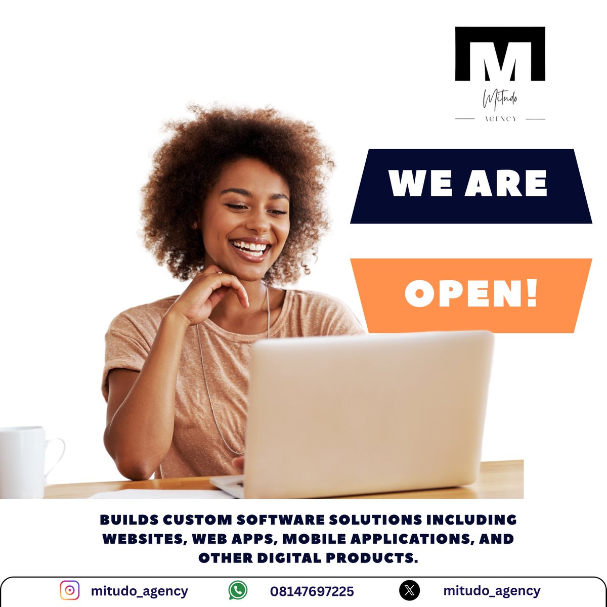 Mitudo Agency (@mitudo_agency) on Twitter photo We’re officially open! 🎉
From websites to mobile apps or custom tools, we’re here to help you bring your digital visions to life!
Email: mitudoagency0@gmail.com
WhatsApp: +2348147697225
Website: mitudo-ds.vercel.app
#WeAreOpen #WebDev #AppDev We’re officially open! 🎉
From websites to mobile apps or custom tools, we’re here to help you bring your digital visions to life!
Email: mitudoagency0@gmail.com
WhatsApp: +2348147697225
Website: mitudo-ds.vercel.app
#WeAreOpen #WebDev #AppDev