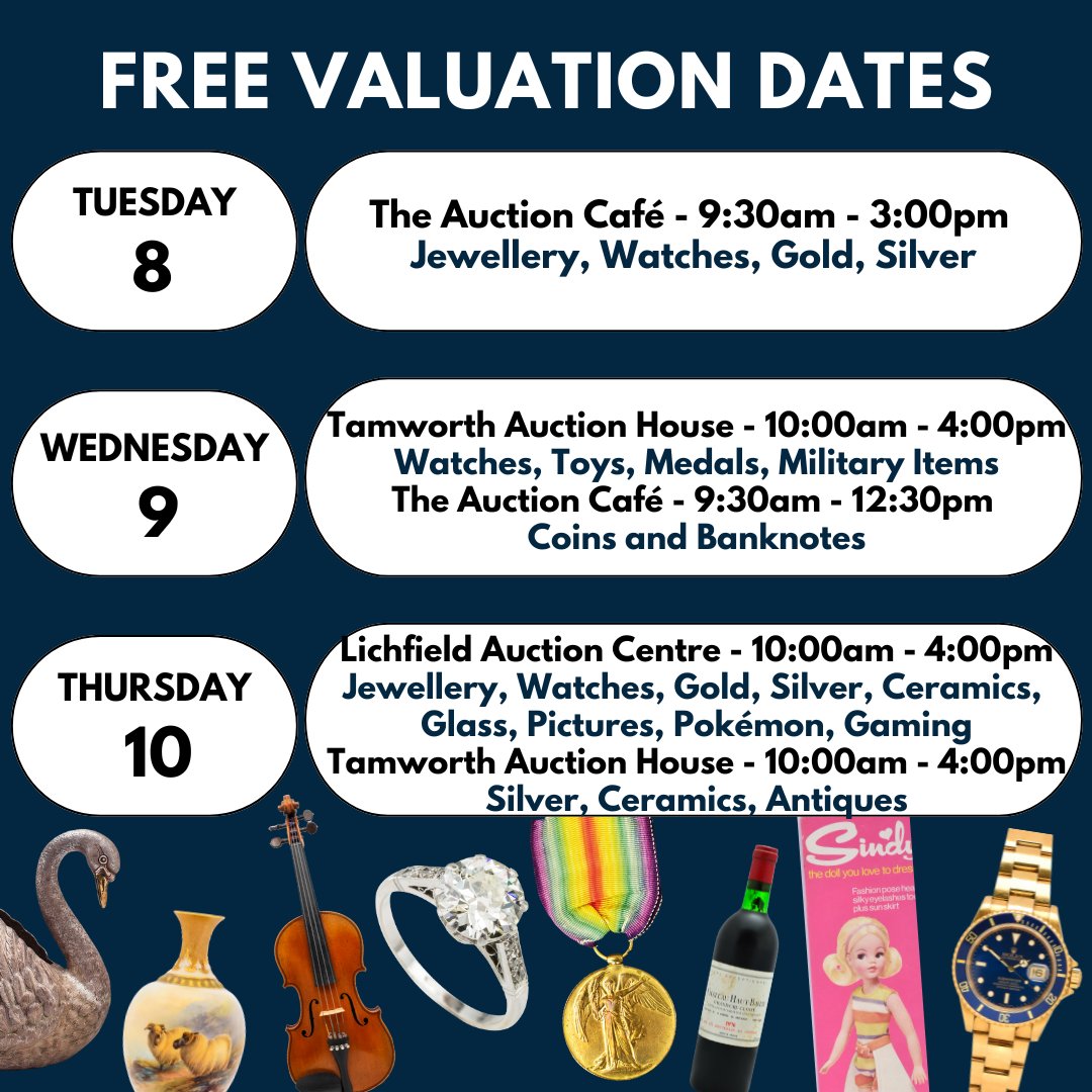 📅 Next Week: Free Valuation Events!
Wondering what that item tucked away at home might be worth? Bring it along to one of our no-obligation valuation days – friendly advice from trusted experts, completely free!

📍 Where we'll be:
The Auction Café Lichfield
Tamworth Auction