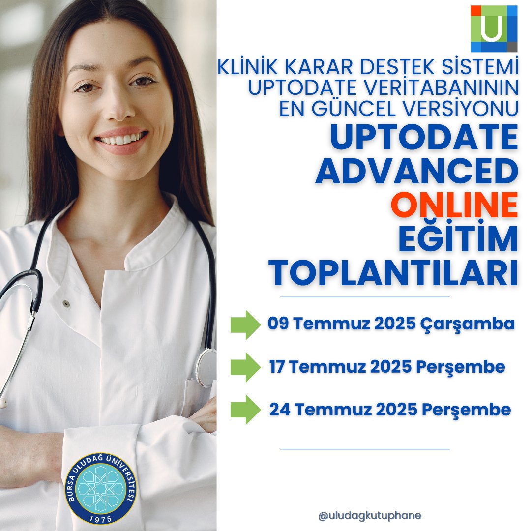 ➡️ UptoDate Advanced Online Eğitim Toplantıları
🛑 Detaylı bilgi ve kayıt için aşağıdaki linkten yardım alabilirsiniz!
uludag.edu.tr/tr/kutuphane/u…