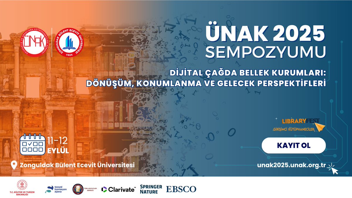 Üniversite ve Araştırma Kütüphanecileri Derneği (ÜNAK) tarafından düzenlenen ÜNAK 2025 Sempozyumu, bu yıl “Dijital Çağda Bellek Kurumları: Dönüşüm, Konumlama ve Gelecek Perspektifleri” temasıyla 11 – 12 Eylül 2025 tarihleri arasında Zonguldak Bülent Ecevit Üniversitesi Kütüphane
