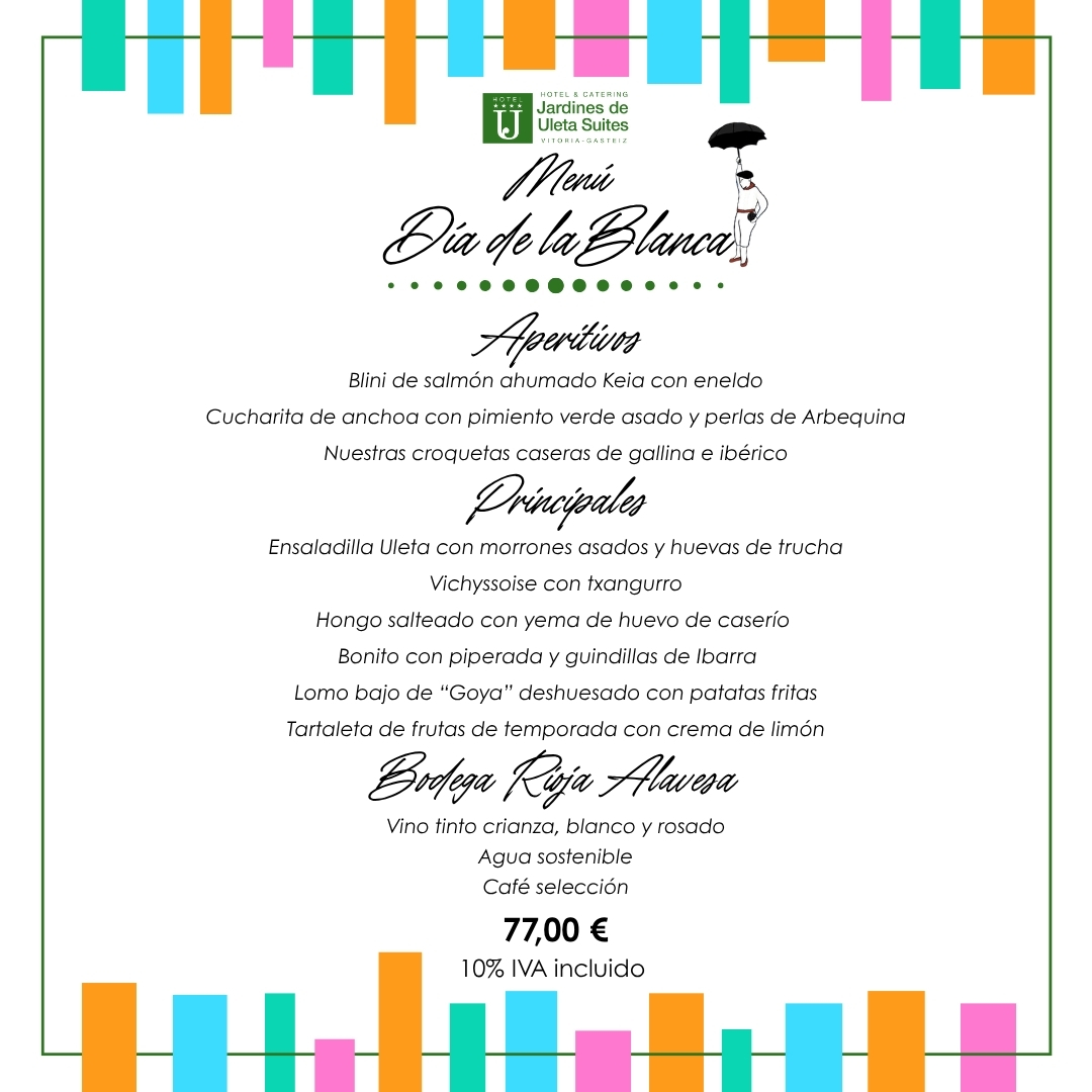 ¡Ya tenemos Menú Del Día de la Blanca 2025! ✨🍽
¡A PARTIR DEL 25 DE JULIO: Ya podrás comprar tu entrada para ver los fuegos desde la mejor Terraza-Mirador de Vitoria-Gasteiz! 🎆 Solicítala en la recepción del hotel.
RESERVA TU MESA➡️jardinesdeuleta.com/gastronomia/me… 
#LaBlanca2025