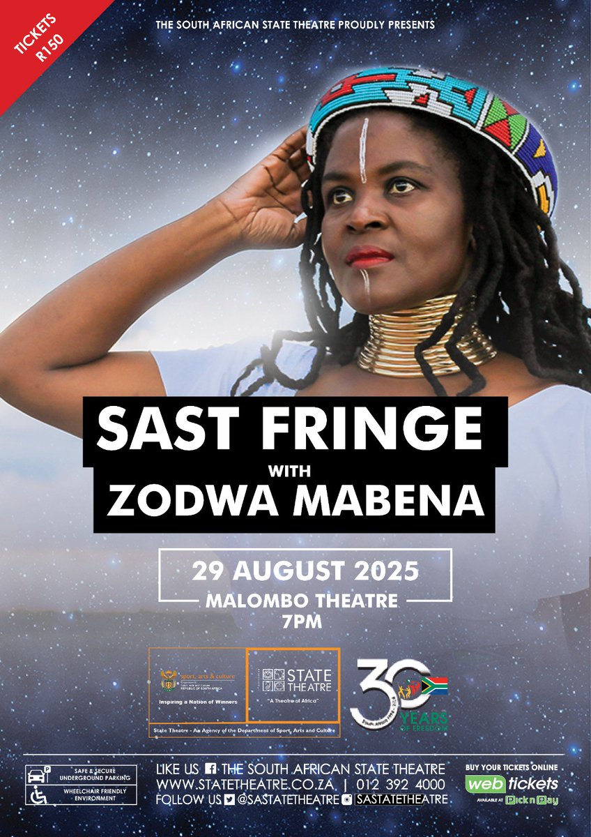 Zodwa Mabena LIVE kicks off #SASTFringe2025!
🗓️ 29 Aug | 🕖 7PM | 📍 Malombo Theatre
South African State Theatre
A powerful night of music to open the fringe!
#LiveMusicSA #ZodwaMabena #FringeFestival #SAST