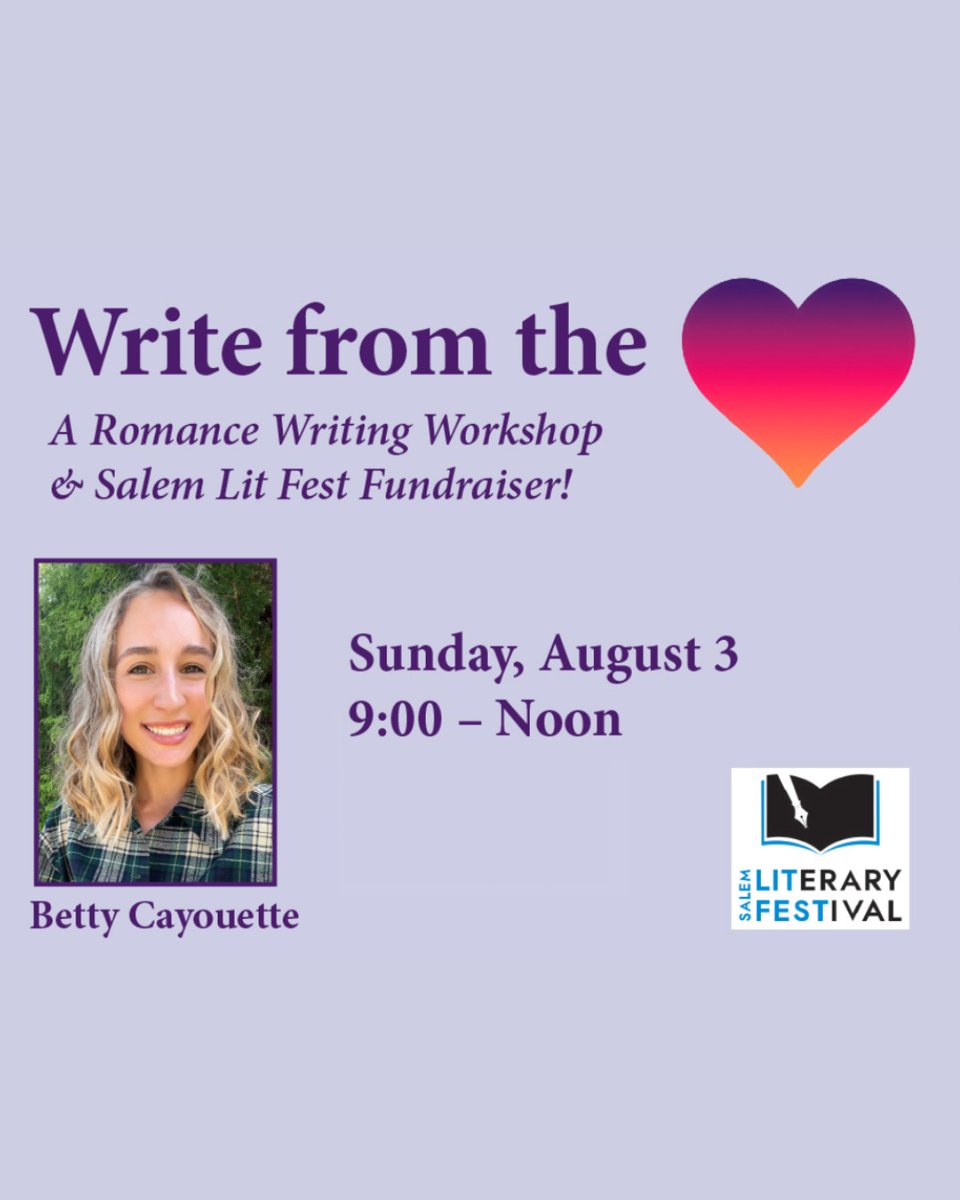 SalemLitFest (@salemlitfest) on Twitter photo Support Lit Fest & Learn! Join <a href="/bettysbooklist/">bettysbooklist</a> (ONE LAST SHOT, TELL ME HOW YOU REALLY FEEL) for WRITE FROM THE HEART: A Romance Writing Workshop & Salem Lit Fest Fundraiser! Sun Aug 3 9-noon Salem Athenaeum $200. Limited to 12. Register at salemlitlfest.com. Support Lit Fest & Learn! Join <a href="/bettysbooklist/">bettysbooklist</a> (ONE LAST SHOT, TELL ME HOW YOU REALLY FEEL) for WRITE FROM THE HEART: A Romance Writing Workshop & Salem Lit Fest Fundraiser! Sun Aug 3 9-noon Salem Athenaeum $200. Limited to 12. Register at salemlitlfest.com.
