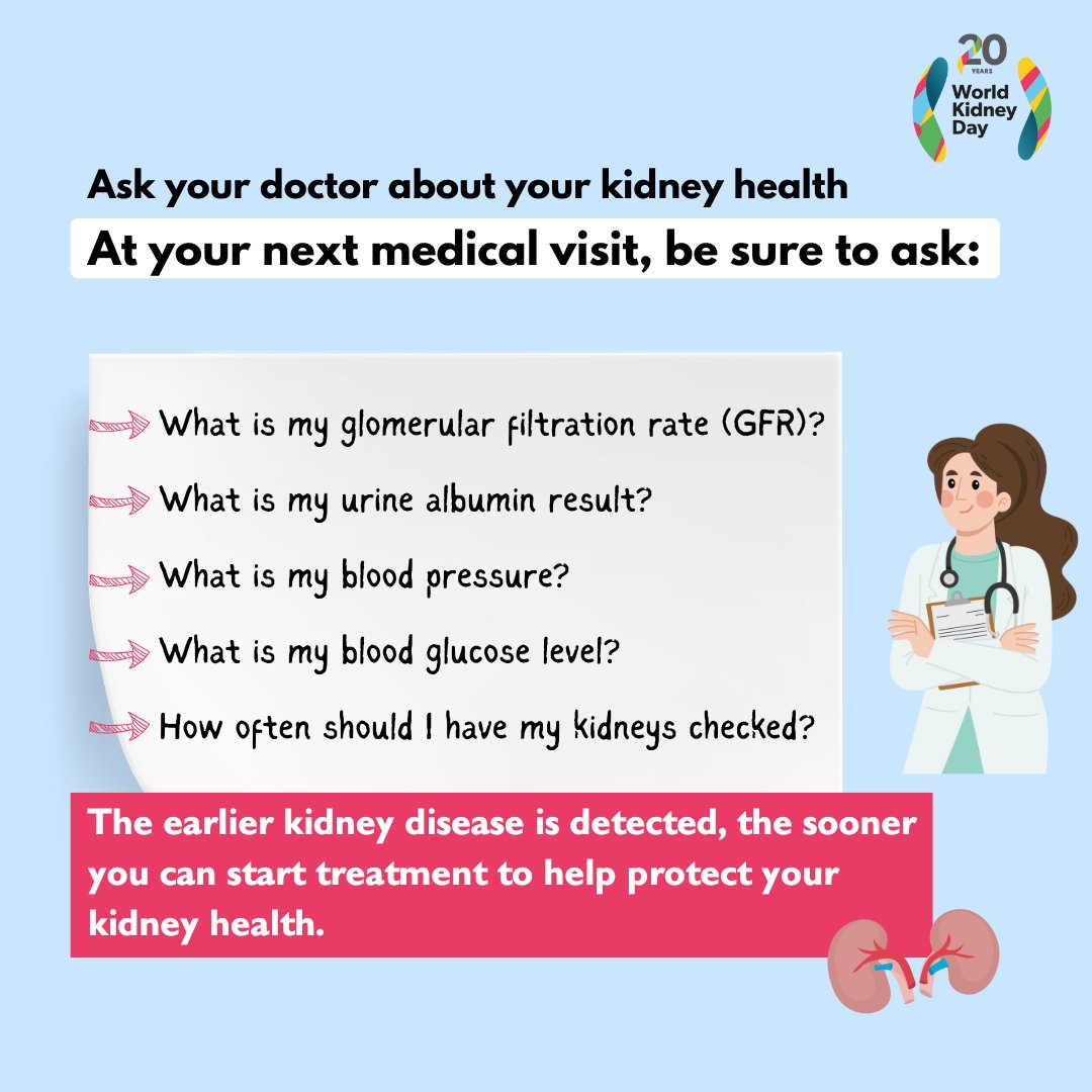 If you're at higher risk for #KidneyDisease, talk to your doctor about your kidney health. Early detection and timely management can slow or even stop its progression.

#WorldKidneyDay #AreYourKidneysOK #KidneyHealthMatters