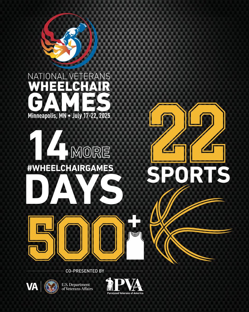 Who's counting? Just 14 more days to the largest adaptive sports rehabilitation event of the year. The #WheelchairGames athletes are eager to move strong in Minneapolis. Show your support and encourage their bold moves in life and on the courts. 

#Sports4Vets 
@VAminneapolis