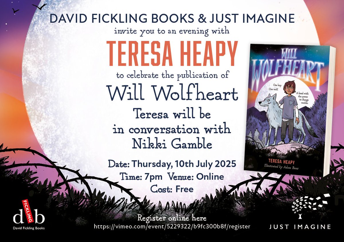 DFB_storyhouse's tweet image. DFB and @justimagine_books invite you to an evening with @teresaheapy to celebrate the publication of WILL WOLFHEART! 🐺
Thursday 10th July at 7pm!
Register for the online event at:
vimeo.com/event/5229322/…