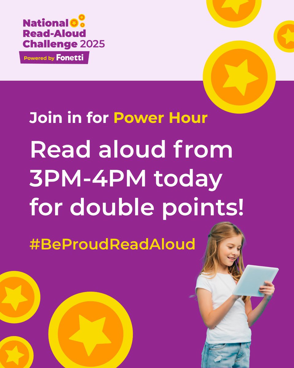 🪄Earn double points in the #NationalReadAloudChallenge today from 3PM - 4PM

Throughout the challenge, we'll be featuring several Power Hours where participants can earn extra points for reading aloud at particular times.

Stay tuned for more!

#BeProudReadAloud #UKReadAloud
