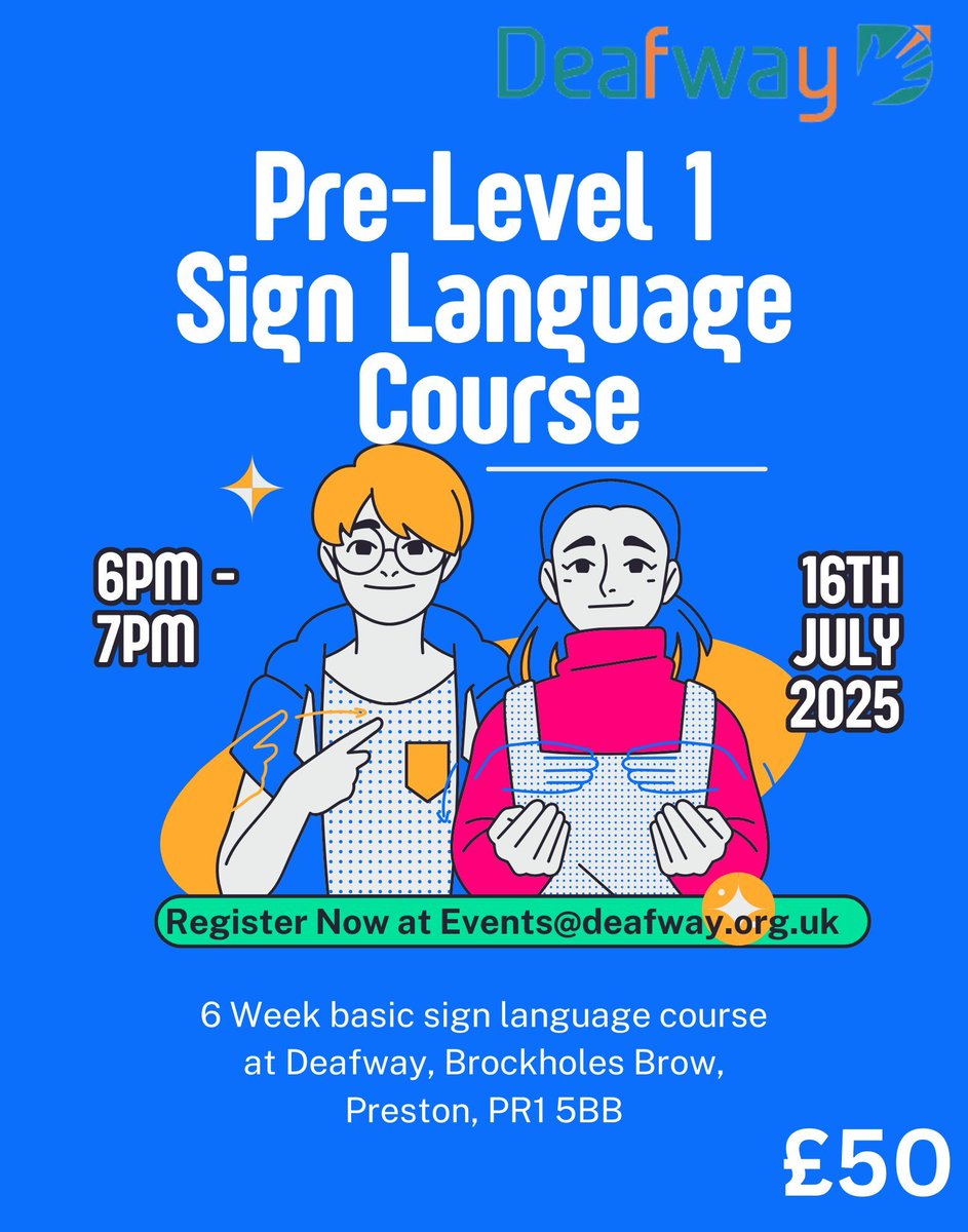 Still time to book onto our Pre-Level 1 course, a mixture of basic sign language and Deaf Awareness over 6 week 1 hour sessions! Start your Sign Language Journey with Deafway!