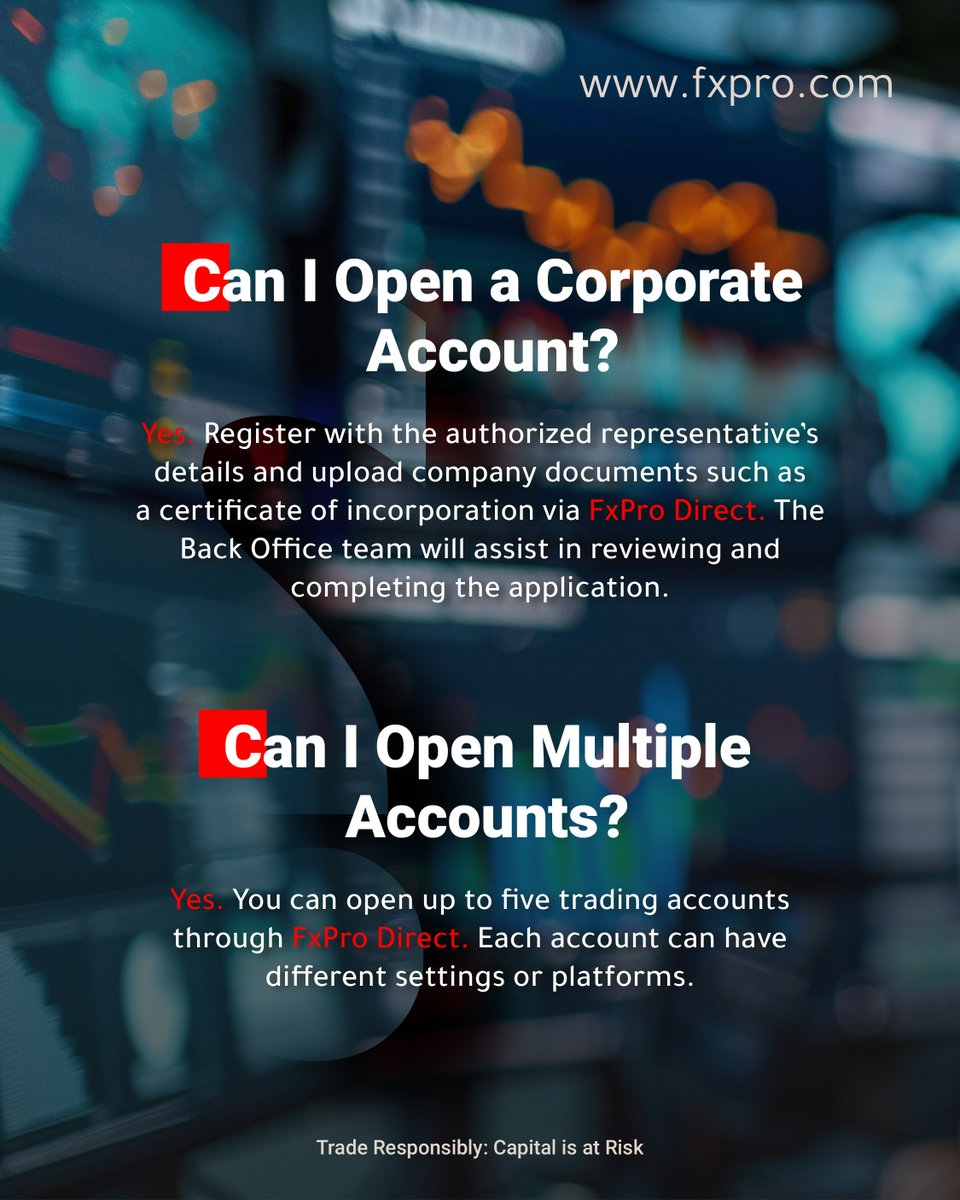 fxproindia's tweet image. Thinking of opening a corporate trading account? Or managing multiple accounts on different platforms?
FxPro makes it simple — with support every step of the way.

#FxPro #TradingFAQ #CorporateAccount #MultiAccount #OnlineTrading #FxProDirect

Trade responsibly, capital at risk*