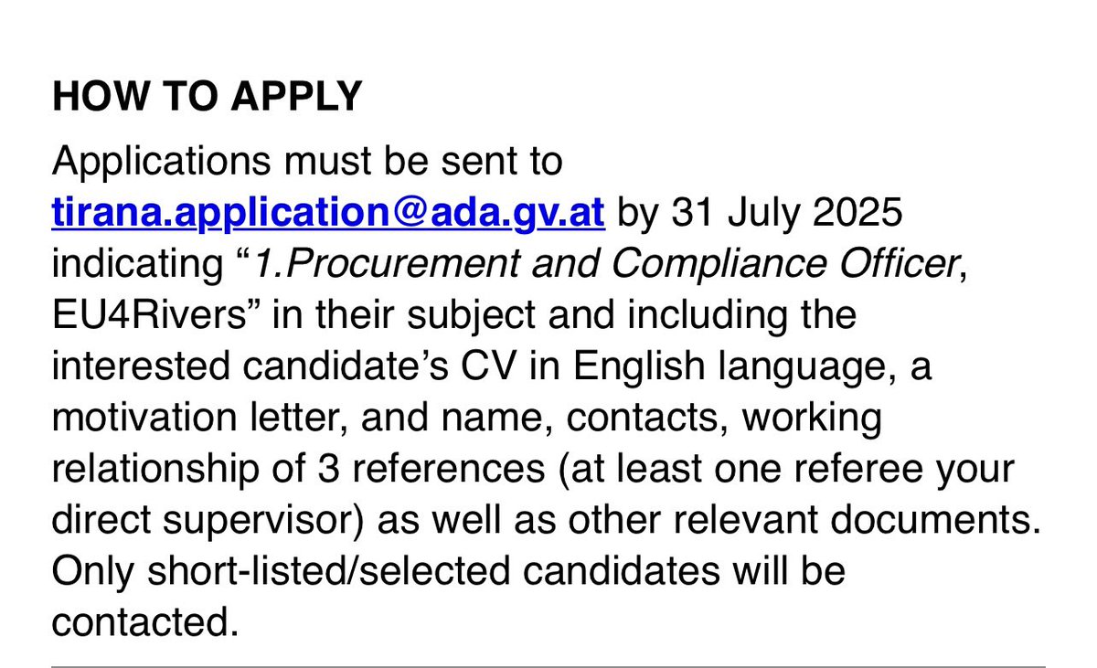 ADC in Albania (@adcinalbania) on Twitter photo Join Our Team 🇦🇹 <a href="/AustrianDev/">AustrianDev</a>📍Tirana "EU for Water" - Components 1
& 2 ("EU4Rivers") 🇪🇺<a href="/EUinAlbania/">EU in Albania</a>
We’re hiring:
🔹Procurement and Compliance Officer under #EU4Rivers project.
Apply now: url-shortener.me/1UCZ
⏳ 31 July 2025
Best of Luck! Join Our Team 🇦🇹 <a href="/AustrianDev/">AustrianDev</a>📍Tirana "EU for Water" - Components 1
& 2 ("EU4Rivers") 🇪🇺<a href="/EUinAlbania/">EU in Albania</a>
We’re hiring:
🔹Procurement and Compliance Officer under #EU4Rivers project.
Apply now: url-shortener.me/1UCZ
⏳ 31 July 2025
Best of Luck!