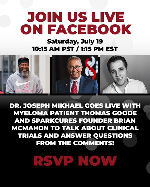 Don't miss your chance to ask YOUR questions LIVE on Sat. 7/19 @ 10:15am PST! IMF CMO <a href="/jmikhaelmd/">Joseph Mikhael</a>, <a href="/SparkCures/">SparkCures</a> founder Brian McMahon, &amp; myeloma patient advocate <a href="/TGood_MYeloma/">Thomas Goode</a> break down #myeloma clinical trials in this 30-min power session. RSVP: mmsm.link/3Tp7uxw

#mmsm