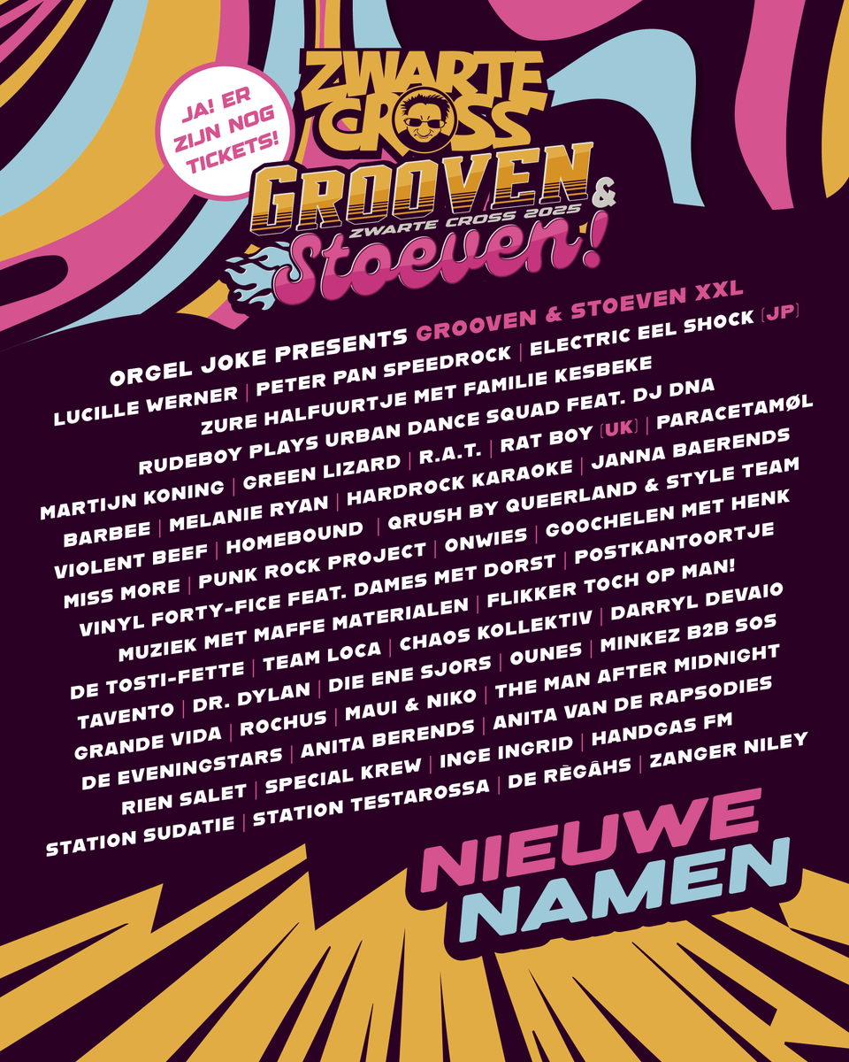 LAATSTE NIEUWE NAMEN

Een kerkdienst door Lucille Werner, een XXL-show van Orgel Joke ft. Frans Bauer, Mental Theo, Bökkers én Sven Versteeg, gas geven met Peter Pan Speedrock e.v.a. We make de line-up compleet, en hoe!

tickets.zwartecross.nl/zwarte-cross-2…