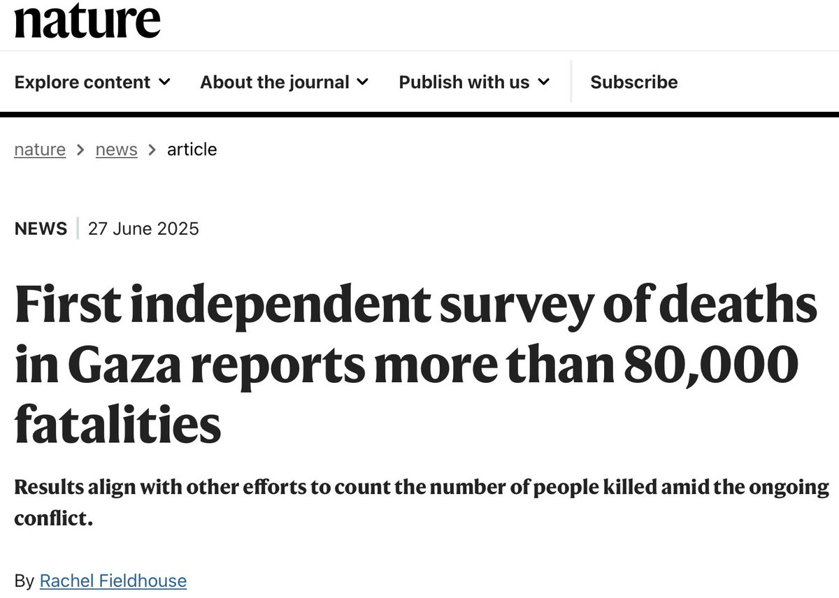 Tra ottobre 2023 e gennaio 2025, quasi 84.000 persone sono morte a Gaza. Più della metà sono donne, bambini e anziani. 
nature.com/articles/d4158…