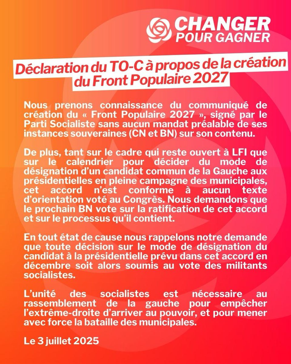 Changer pour gagner 🌹 (@changer_ps) on Twitter photo Déclaration de #ChangerPourGagner à propos de la création du #FrontPopulaire2027 👇
<a href="/partisocialiste/">Parti socialiste</a> Déclaration de #ChangerPourGagner à propos de la création du #FrontPopulaire2027 👇
<a href="/partisocialiste/">Parti socialiste</a>