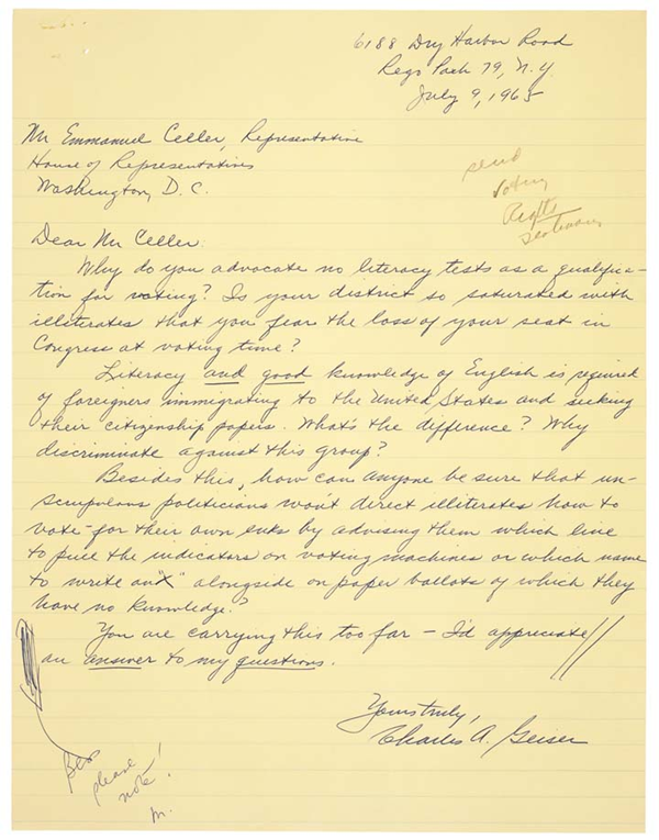 TodaysDocument's tweet image. Letter from Charles A. Geiser to the Honorable Emanuel Celler Opposing Voting Rights
catalog.archives.gov/id/595302