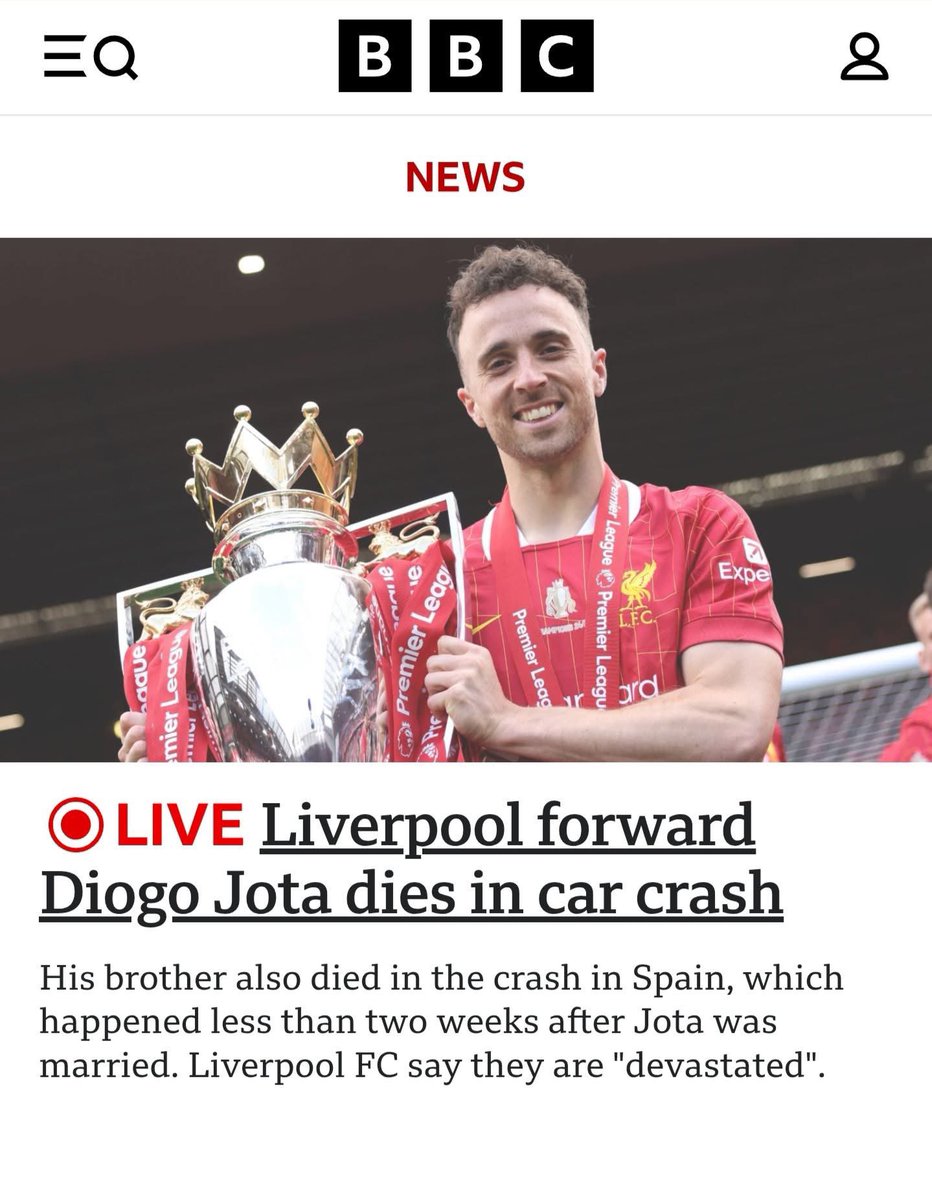 Deeply saddened by the death of Liverpool Football Player Diogo Jota.
Pray god Jota, your soul rest in peace.