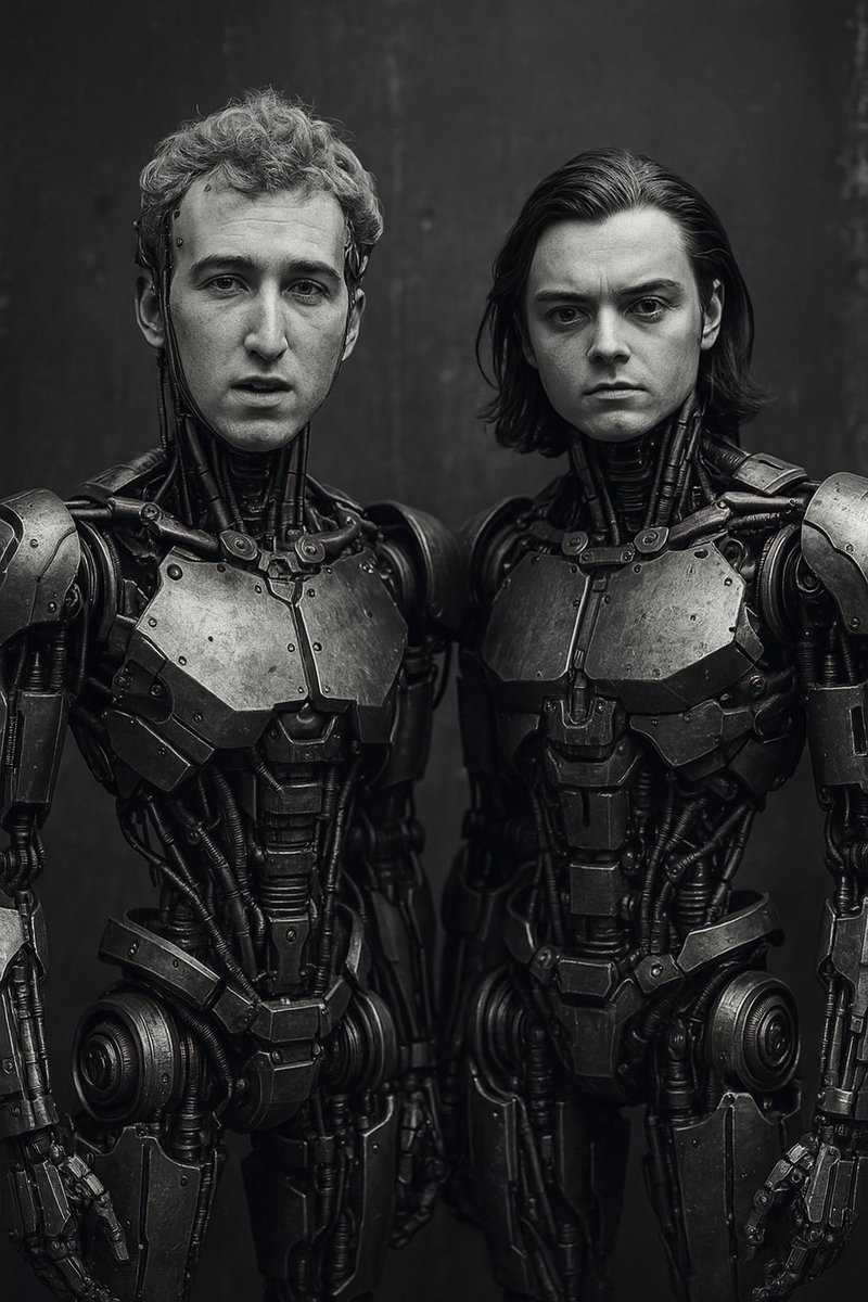 A duo of robots producing music and hiding their face behind human masks