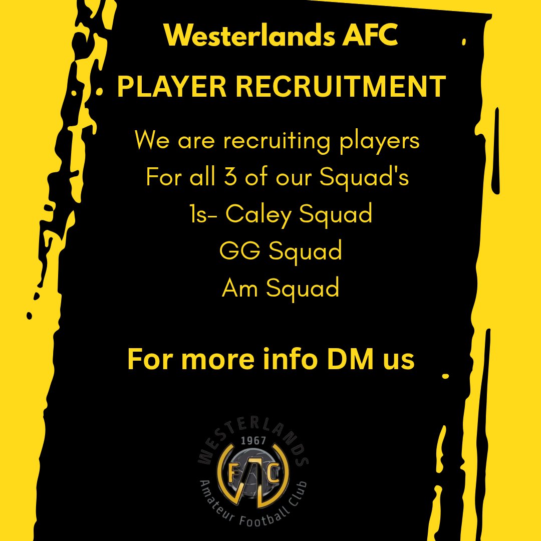 Westerlands AFC (@westerlandsafc) on Twitter photo We are looking to add players to our current squads.
Please get in touch if you're looking for a new challenge or you are now too old for under 20 football.
<a href="/CaledonianAFA/">CaledonianLeague</a>
<a href="/GlasgowUniFC/">GUFC</a>
<a href="/GGPAFL/">Greater Glasgow Premier AFL</a>
<a href="/TeamfinderScot1/">Team Finder Scotland</a>
<a href="/OfficialWoSFL/">West of Scotland Football League 🏴</a>
<a href="/ScotAmFA/">Scottish Amateur FA</a> We are looking to add players to our current squads.
Please get in touch if you're looking for a new challenge or you are now too old for under 20 football.
<a href="/CaledonianAFA/">CaledonianLeague</a>
<a href="/GlasgowUniFC/">GUFC</a>
<a href="/GGPAFL/">Greater Glasgow Premier AFL</a>
<a href="/TeamfinderScot1/">Team Finder Scotland</a>
<a href="/OfficialWoSFL/">West of Scotland Football League 🏴</a>
<a href="/ScotAmFA/">Scottish Amateur FA</a>