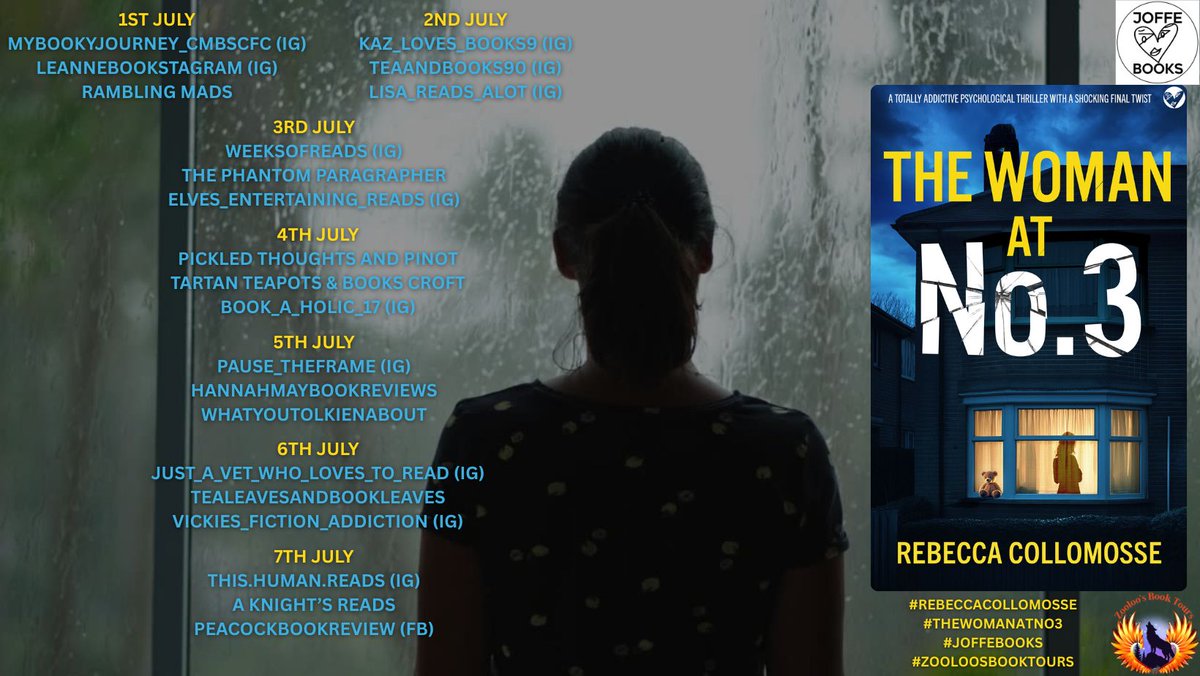Kaz (@kazlovesbooks1) on Twitter photo Here is my #blogtour review for The Woman At No 3 by #rebeccacollomosse which was a brilliantly addictive psychological read #NetGalley
The book is published by <a href="/JoffeBooks/">JOFFE BOOKS</a>
The tour is hosted by <a href="/ZooloosBT/">ZooloosBookTours</a>
My review can be read here :instagram.com/p/DLpZ4RZqHsw/β¦ Here is my #blogtour review for The Woman At No 3 by #rebeccacollomosse which was a brilliantly addictive psychological read #NetGalley
The book is published by <a href="/JoffeBooks/">JOFFE BOOKS</a>
The tour is hosted by <a href="/ZooloosBT/">ZooloosBookTours</a>
My review can be read here :instagram.com/p/DLpZ4RZqHsw/β¦