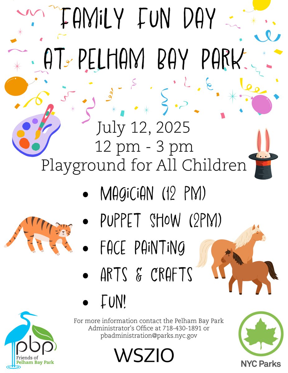 Join NYC Parks, WSZIO, and the Friends of Pelham Bay Park for an afternoon of family fun in Pelham Bay Park, July 12 starting at 12 pm!

Featuring:
John the Magnificent Magician at 12 pm
WonderSpark Puppets at 2 pm
face painting
and more!

Free!