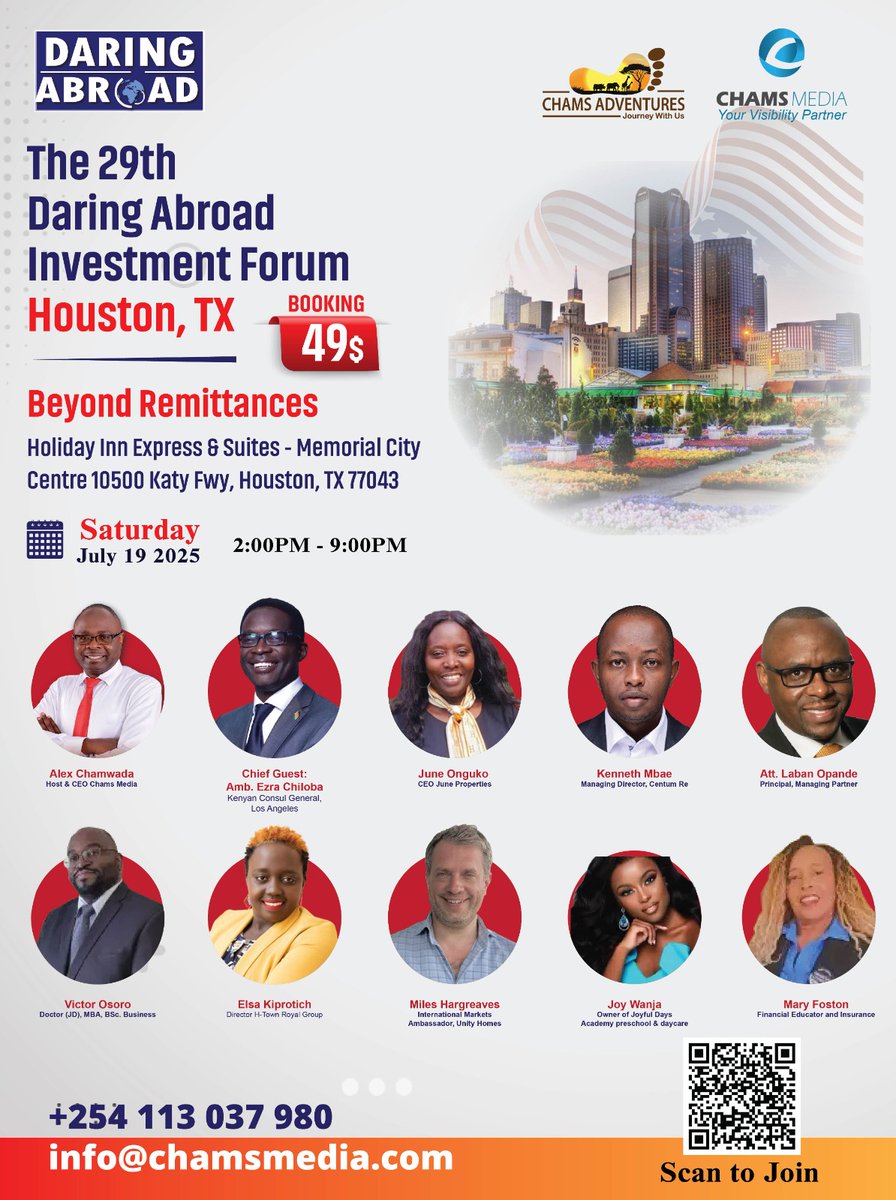 Chams Media (@chamsmedia) on Twitter photo Speaker Line-up for the 29th #DaringAbroad Investment Forum, Houston TX. An opportunity to network and engage in insightful conversations about Kenya and Houstonians on the theme; Beyond Remittances. #HelloHouston
<a href="/AlexChamwada/">AlexChamwada OGW, MBS</a>
<a href="/ChamsAdventures/">Chams Adventures</a>
<a href="/ChamsLodwar/">Chams Media Lodwar</a> Speaker Line-up for the 29th #DaringAbroad Investment Forum, Houston TX. An opportunity to network and engage in insightful conversations about Kenya and Houstonians on the theme; Beyond Remittances. #HelloHouston
<a href="/AlexChamwada/">AlexChamwada OGW, MBS</a>
<a href="/ChamsAdventures/">Chams Adventures</a>
<a href="/ChamsLodwar/">Chams Media Lodwar</a>
