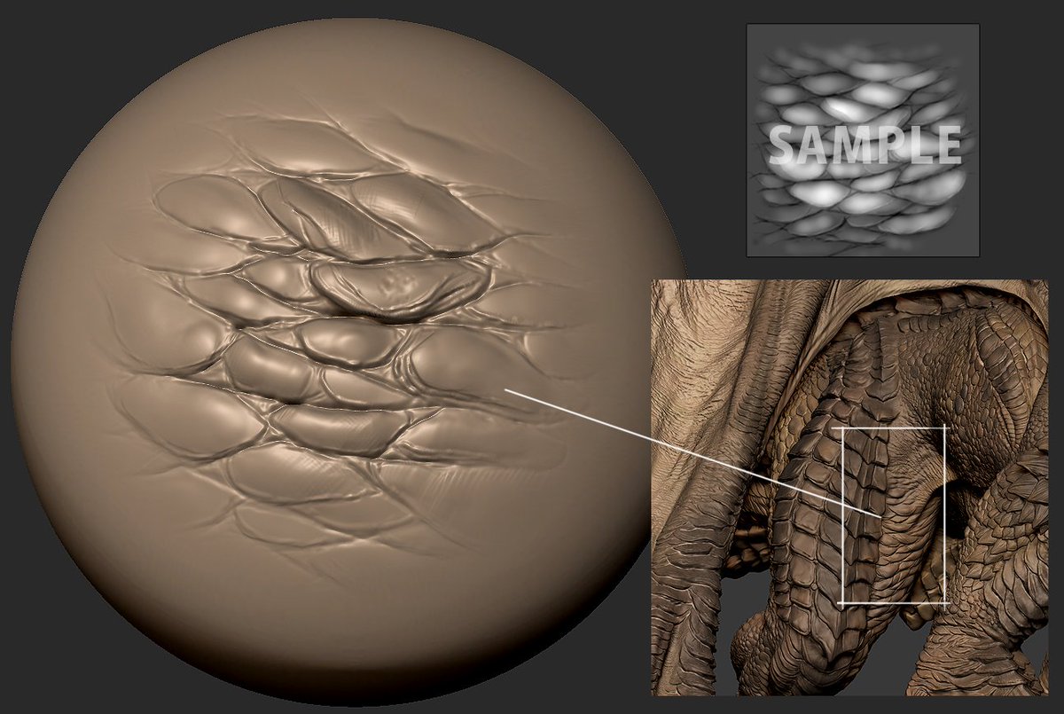 akakttt31's tweet photo. ColosoのZbrush講座特典の鱗alphaとchisel。結構便利！
月末の後編配信に合わせてもう何点か追加しようと思っているのでリクエストあればお気軽にドゾ〜。

#zbrush