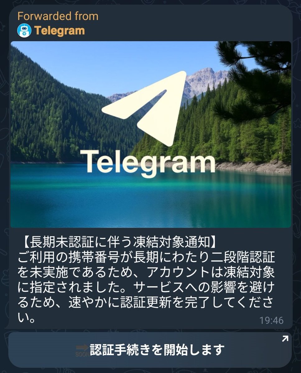 Telegramの日本語フィッシングを初めて受信した 送信者は「データ検証管理部」