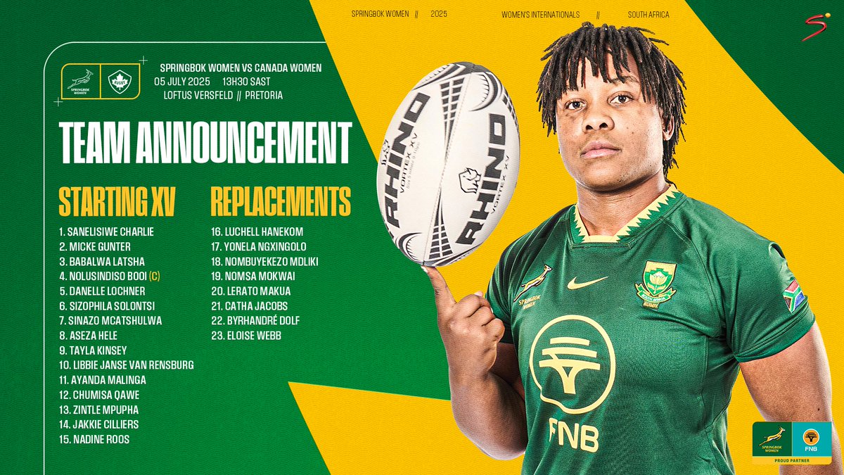The #BokWomen team to face Canada in Pretoria on Saturday, in what will be one of their most challenging Tests in a while - more here: tinyurl.com/p9yvve5n 💚💛
#MakeItCount #ETTIG