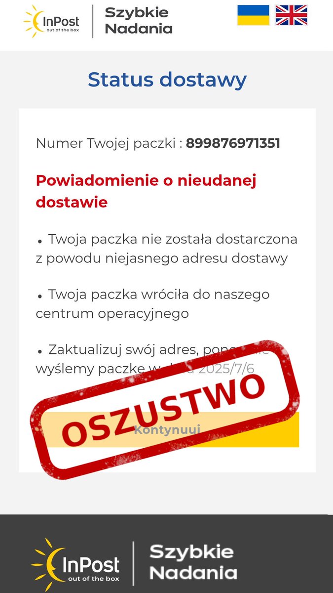 CERT_Polska's tweet image. ❗ Uwaga! Kolejna odsłona kampanii fałszywych wiadomości podszywających się pod firmy kurierskie.
🍏 Tym razem oszuści wzięli na cel użytkowników usługi iMessage - poza standardową informacją o opóźnionej paczce i linkiem do strony phishingowej, warto zwrócić uwagę na ostatni…