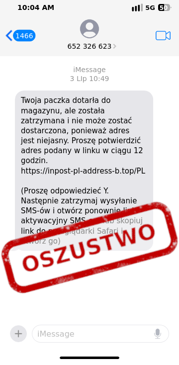 CERT_Polska's tweet image. ❗ Uwaga! Kolejna odsłona kampanii fałszywych wiadomości podszywających się pod firmy kurierskie.
🍏 Tym razem oszuści wzięli na cel użytkowników usługi iMessage - poza standardową informacją o opóźnionej paczce i linkiem do strony phishingowej, warto zwrócić uwagę na ostatni…