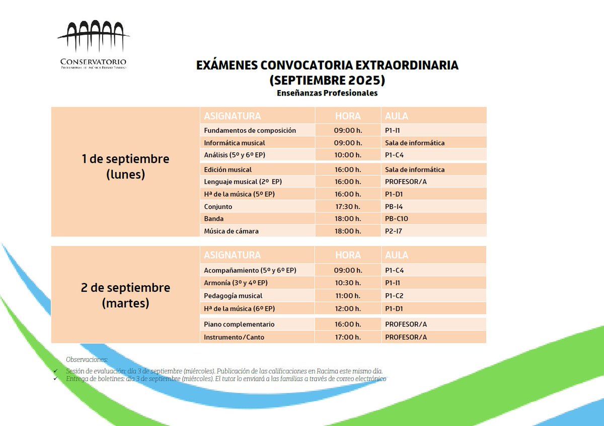 Ya está publicado el calendario de la convocatoria extraordinaria de los exámenes de septiembre 2025 (Curso 2024-2025) de nuestro <a href="/ConserPinedo/">Conservatorio Profesional de Música Eliseo Pinedo</a> 
<a href="/lariojaorg/">Gobierno de La Rioja</a> <a href="/educarioja/">Educación La Rioja</a>