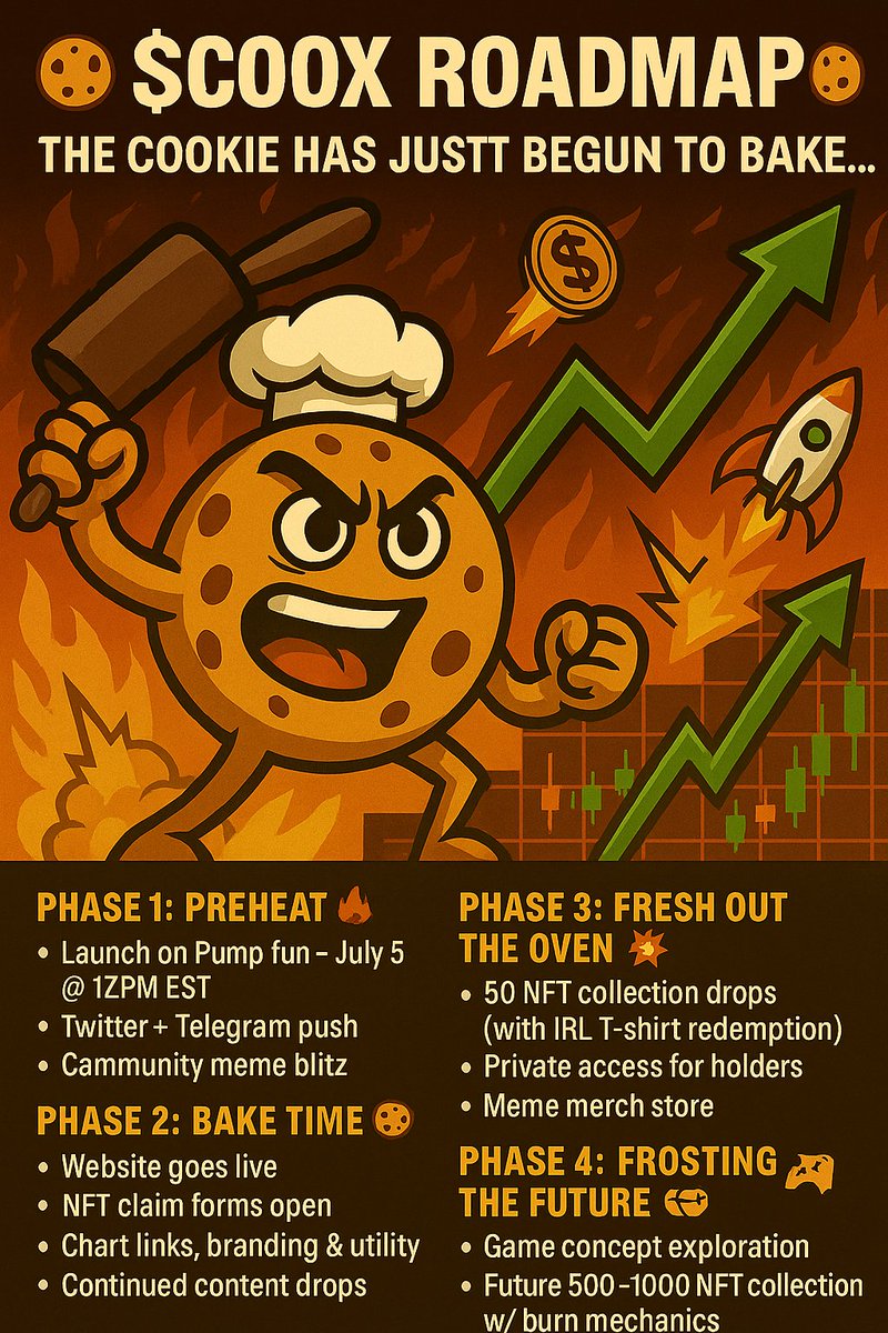 CooxCoin's tweet photo. 🍪 $COOX ROADMAP DROPPED 🍪
The cookie’s heating up!

PHASE 1: Light the oven 🔥
PHASE 2: Dough locked in 🍪
PHASE 3: Cookies OUT 💥
PHASE 4: Frosted chaos 🎮

Full roadmap in the pic.
Launch is July 5 @ 12PM EST on https://t.co/0KphSrTwlD

#COOX #pumpfun #Solana #DegenSeason https://t.co/qLiQg34f5T