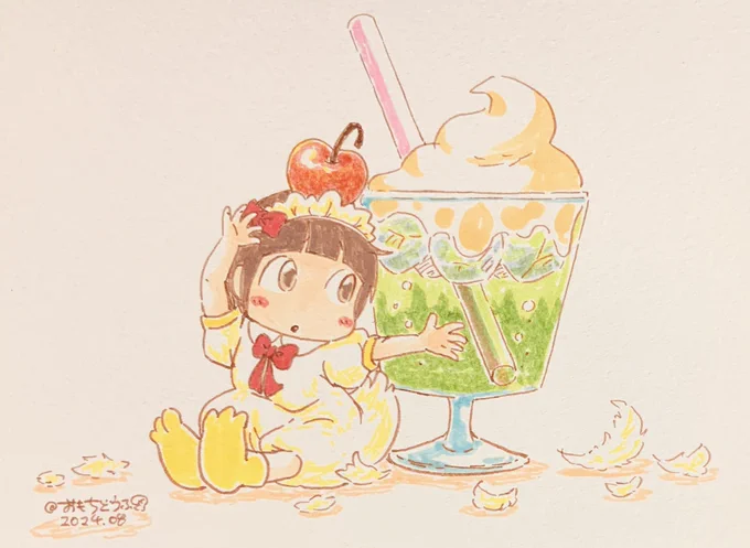 #ソフトクリームの日 という事で 【おもちどうふカレンダー2025】の7月イラストでもあるこちら一枚(*'-`) ソフトクリームのようにメロンソーダに浮かびたかった、アヒルのプリンセスちゃん(*'-`) この後はメロンソーダを美味しくいただきました よかったね!^ ^ #ひなみちゃんイラスト