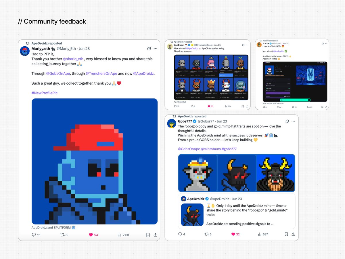 ZeroBrand (@zerobrandxyz) on Twitter photo New sucessful project.
We helped create the visuals and strategy for <a href="/ApeDroidz/">ApeDroidz</a> — a collection of 3,333 NFTs on <a href="/ApeChainHUB/">ApeChainHUB</a>.
Sold out in 3 hours.
Backed by <a href="/ApeChainHUB/">ApeChainHUB</a> & $Ape whales.
The real alpha? The community.
The strategy? Build with the community and for the community. New sucessful project.
We helped create the visuals and strategy for <a href="/ApeDroidz/">ApeDroidz</a> — a collection of 3,333 NFTs on <a href="/ApeChainHUB/">ApeChainHUB</a>.
Sold out in 3 hours.
Backed by <a href="/ApeChainHUB/">ApeChainHUB</a> & $Ape whales.
The real alpha? The community.
The strategy? Build with the community and for the community.